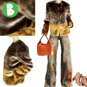 NEW LOOK BROWN AND YELLOW COLOR BLOCK FAUX FUR JACKET (M)